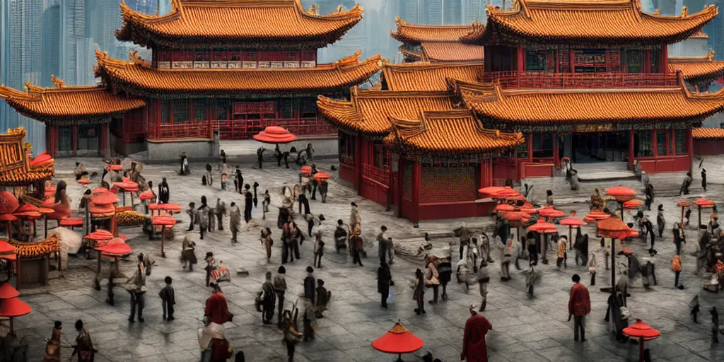 Image similar to a very high resolution image from a new movie, upside - down old chinese pavilion and cyberpunk city, beautiful scenery, photorealistic, photography, directed by wes anderson