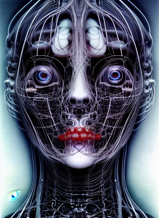 Image similar to portrait of neural nightmares by yoshitaka amano and HR Giger, detailed face face face face, facial structure, hd, 8k, very very very very electronic, biomechanical, biology, bio, neural machine, single subject, terror