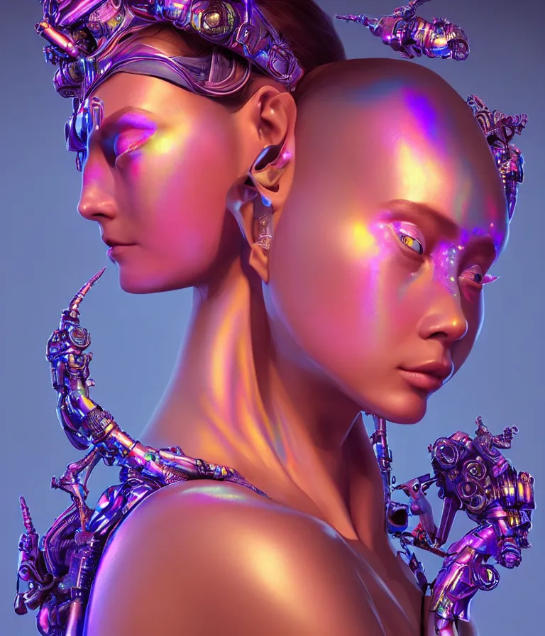 Prompt: iridescent portrait of a beautiful princess in robe. hard surface modelling. cyberpunk look. biomechanical mask. bio luminescent biomechanical halo around head. artwork by jarold Sng by artgerm, by Eddie Mendoza, by Peter mohrbacher by tooth wu, unreal engine, octane render, cinematic light, high details, iridescent colors, dichroic, macro, 4l