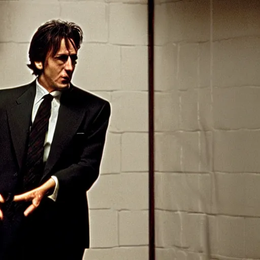 Image similar to Al Pacino as The American Psycho, cinematic still, sweating hard