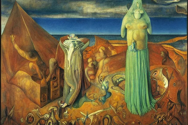 Prompt: the wake of the unseen object,by Leonora Carrington and William Dyce and ford madox brown, symbolist, dramatic lighting, elaborate geometric ornament, cool blue and green colors, Art Brut, smooth, sharp focus, extremely detailed