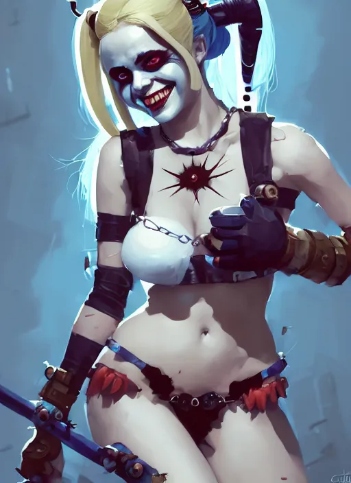 Prompt: portrait of cute harley quinn girl with crown of thorns in cyber bikini armor, warhammer, cyberpunk, by atey ghailan, by greg rutkowski, by greg tocchini, by james gilleard, by joe gb fenton, by kaethe butcher, dynamic lighting, gradient light blue, brown, blonde cream and white color in scheme, grunge aesthetic