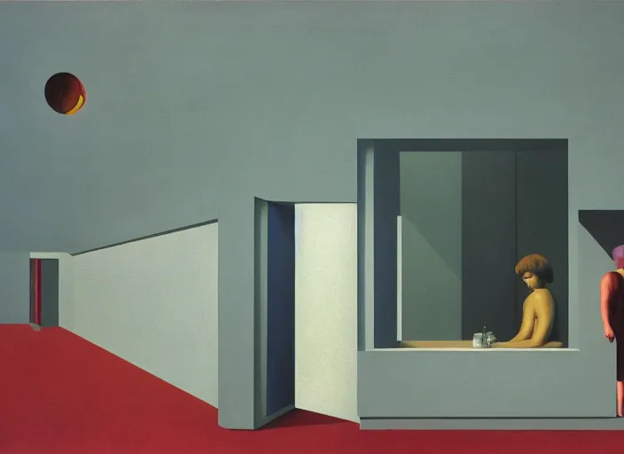 Image similar to two peculiar people with distinct personalities interacting in am urban setting, close - up of the faces : : surreal 7 0's architecture with an open ceiling, absurd designfurniture : : surrealist oil painting by edward hopper, francis bacon, dora maar and rene magritte