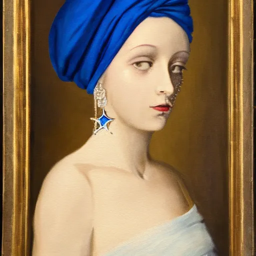 Image similar to a painting of a young woman wearing a blue and white turban. the woman is looking to the side with a soft expression, and her earring is a large, shining pearl. the background is a dark space, and the light is shining on the woman from the front, creating a halo - like effect around her head.