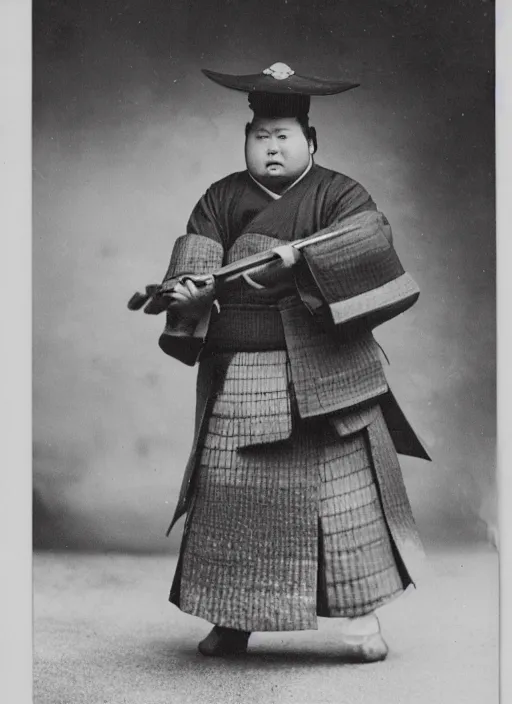 Prompt: old photo of a very very rotund samurai holding a pistol