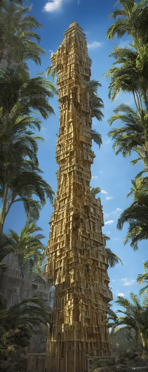 Image similar to photorealistic eye level view of a contemporary babylon tower, golden intricate details, stone facade, sacred ancient architecture, hanging gardens, cascading highrise, arid mountains with lush palm forest, sunlight, post - production, octane, cgi, sfx