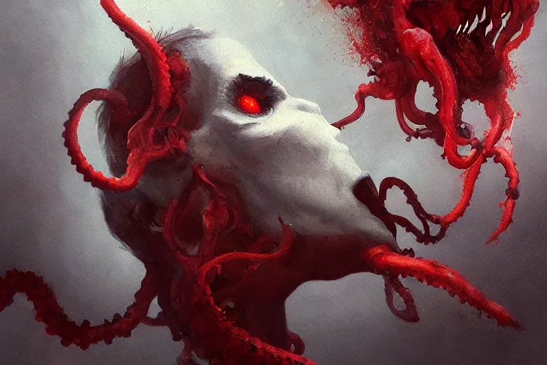 Image similar to painting by greg rutkowski of a flying crying human head and face that is chalk white in color, with tentacles coming of the neck, fiery red eyes, flying in a terrying hell like cavernous place