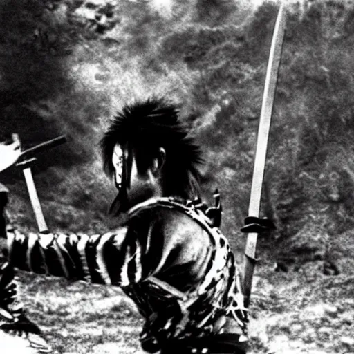 Prompt: a samurai fighting with delicious hot dogs as weapons, scene from Kagemusha, 1980, movie still, cinematic, epic,