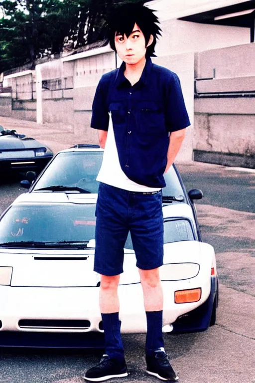 Image similar to very serious ryosuke takahashi with black hair wearing a dark blue shirt and white pants eating a cheeseburger stands leaning on his white mazda rx 7, initial d anime screenshot, initial d anime 1 0 8 0 p, detailed anime face, high detail, 9 0 s anime aesthetic