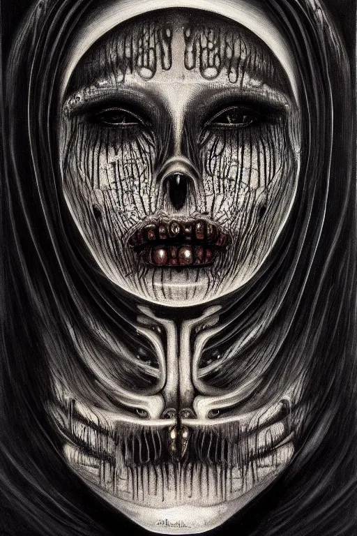 Image similar to a painting of a person's face with a black background, an ultrafine detailed painting by h. r. giger, trending on deviantart, metaphysical painting, lovecraftian, cosmic horror, detailed painting