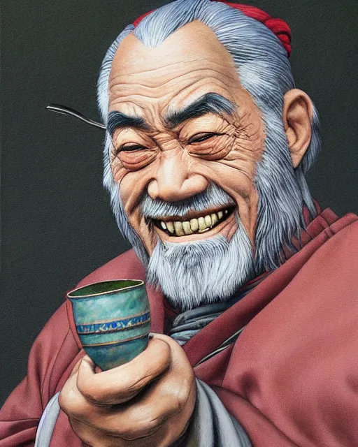 Prompt: real life Uncle Iroh smiling, drinking tea, beautiful, very detailed, hyperrealistic, medium shot, very detailed painting by Glenn Fabry, by Joao Ruas