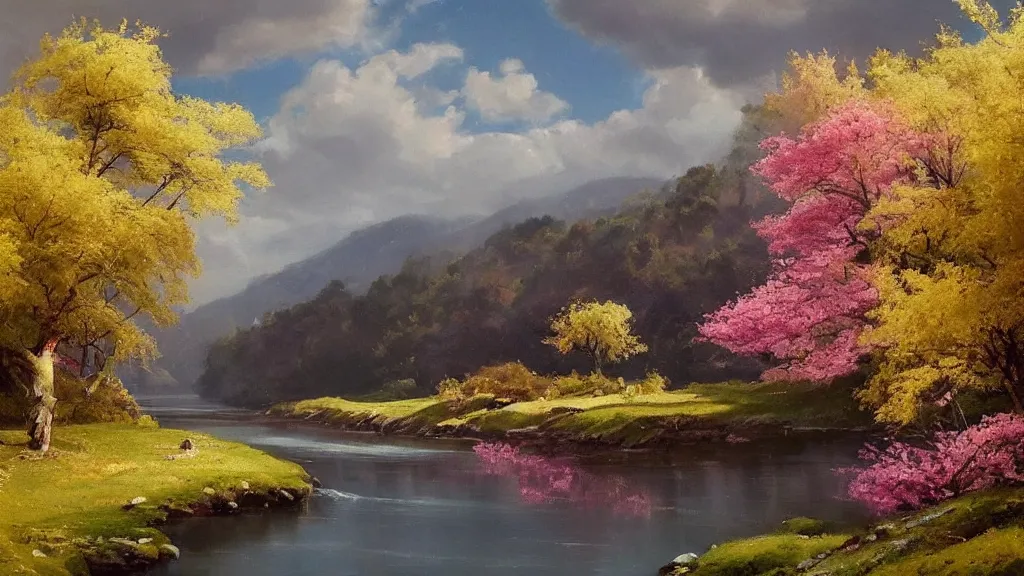 Image similar to A beautiful landscape oil painting of a hill with trees, the spring has arrived and the trees are blooming and covered with colorful flowers, the flowers are yellow, pink, purple and red, the river is zigzagging and flowing in its way, the river has lots of dark grey rocks, by Greg Rutkowski