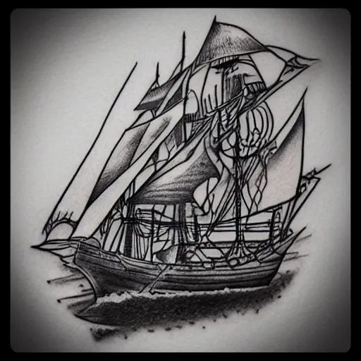 Prompt: realism tattoo design sketch of a pirate ship, by Da Ink