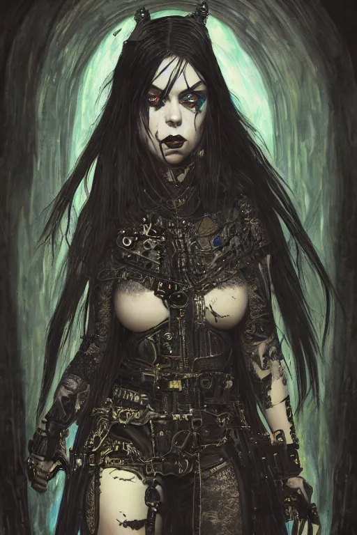 Image similar to beautiful gothic billie eilish, cyberpunk, Warhammer, highly detailed, artstation, illustration, art by Gustav Klimt