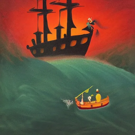 Image similar to “Walt Disney dressed like Freddy Krueger on a pirate ship sailing over Niagara Falls, in the style of artist Henri Rousseau.”