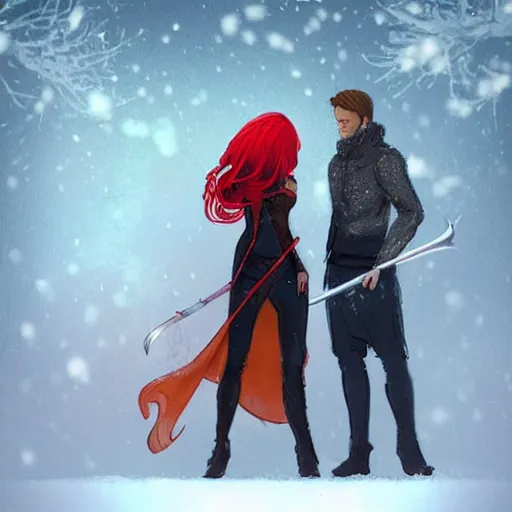 Image similar to A woman and a man are standing in the snow, the woman is leaning against the man, the man has long red hair, the woman has blonde long hair, the man has a red thick sword, the woman has a thin, long sword, a tree almost fully covered in bulky snow, concept art by Fabien Charuau, trending on pixiv, fantasy art, official art, wiccan, concept art, 4k, sharp details