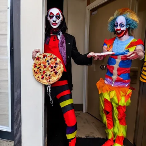 Prompt: photo of jared leto standing in a doorway wearing clown makeup and costume delivering a pizza with fish head toppings