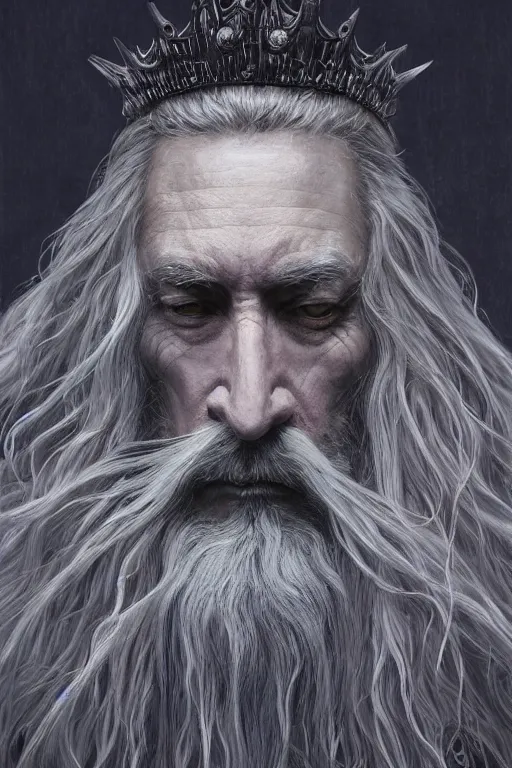 Image similar to the white king with long hairs, art by James Jean and Wayne Barlowe, high detail, cinematic, cgsociety 8k