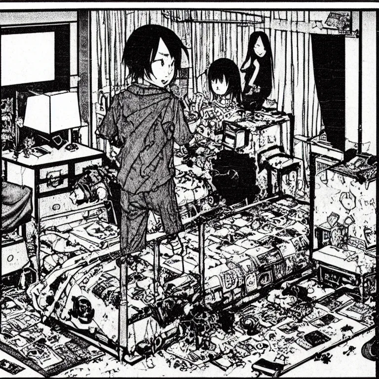 Prompt: cursed illustration of beautifully ominous creepy underworld lovecraftian entity inside 1 9 8 0's cluttered bedroom. manga style of kentaro mirua, by norman rockwell, weirdcore