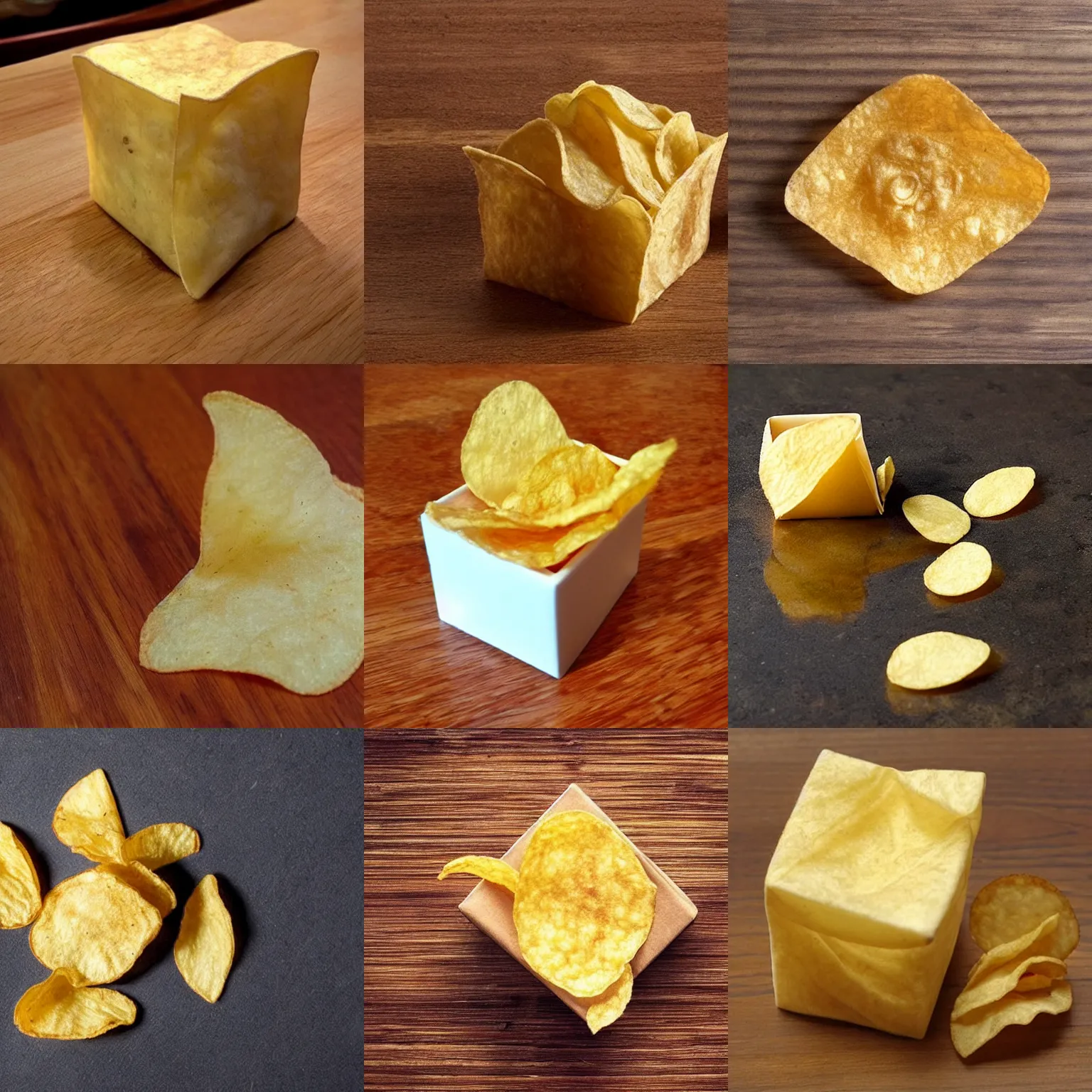 Prompt: A potato chip shaped like a perfect cube