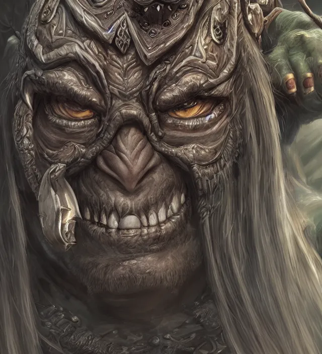 Prompt: full face portrait of an orc, detailed eyes, tusks, fantasy, intricate, highly detailed, digital painting, 4 k, hdr, concept art, smooth, sharp focus, illustration, by wayne reynolds, world of warcraft