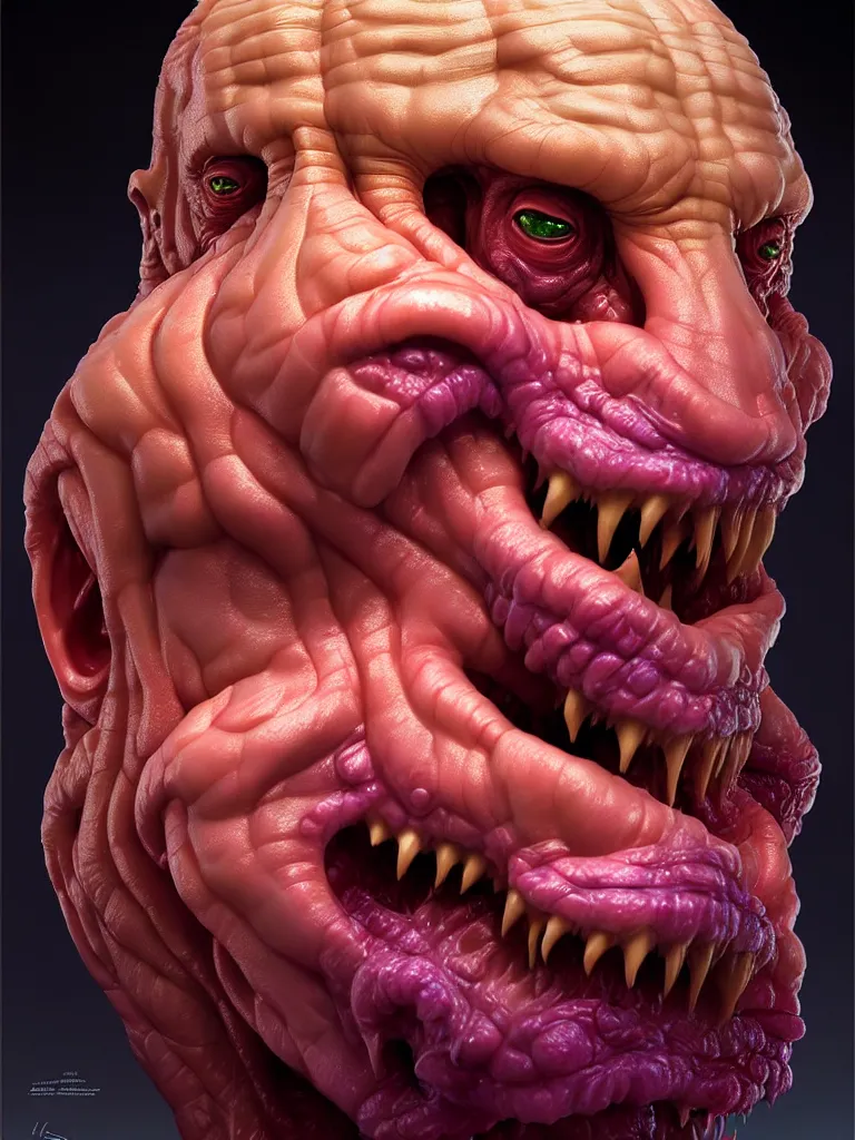 Image similar to hyperrealistic rendering, fat smooth cronenberg flesh monster vladimir putin by donato giancola and greg rutkowski and wayne barlow and zdzisław beksinski, eyeballs, product photography, action figure, sofubi, studio lighting, colored gels, colored background