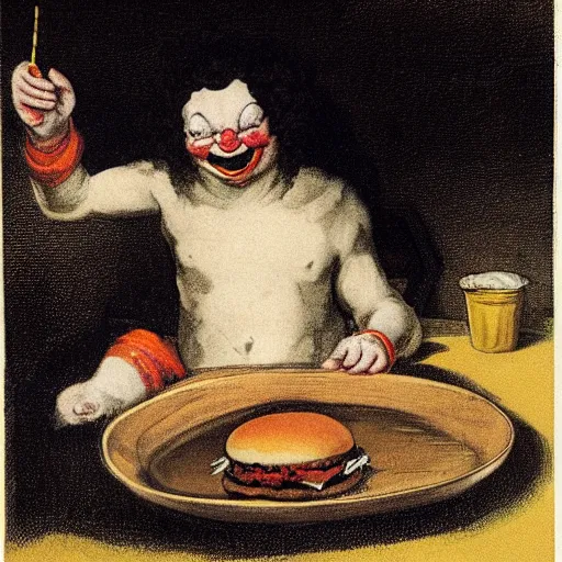 Image similar to ronald mcdonald eating a burger, art by francisco goya, gruesome, dark