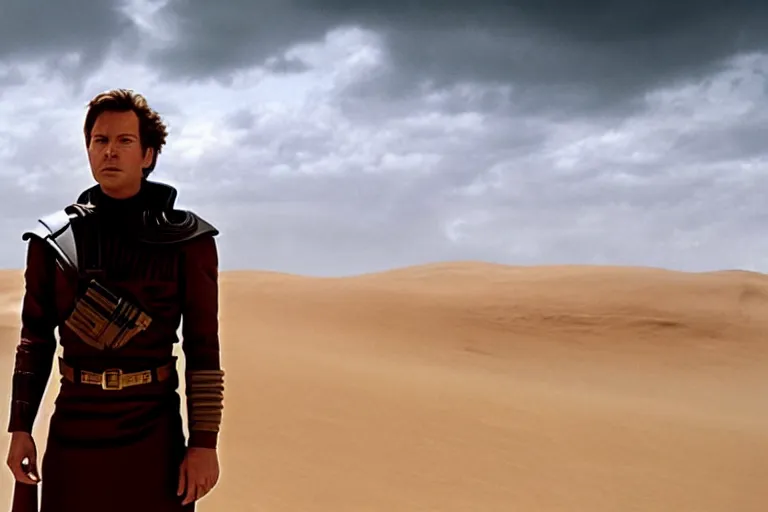 Prompt: a cinematic wide angle shot of a man in his early twenties, in the 2 0 2 1 movie dune, the sand is in the form of a wave, stormy weather, dry, film still, cinematic, dramatic lighting, by zack snyder