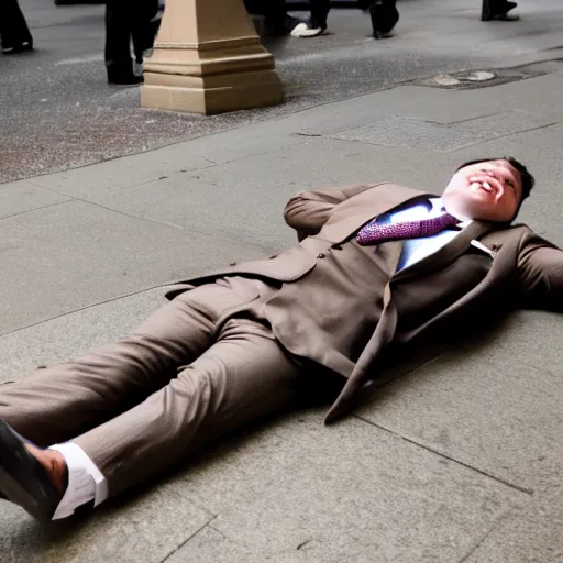 Image similar to A smiling chubby white clean-shaven man dressed in a chocolate brown suit and necktie is laying on the ground in New York city.