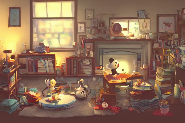 Prompt: colorkey, Daisuke Tsutsumi, Robert Kondo, cute fluffy badgers washing dishes, underground in a hovel, fish eye lens,kitchen table, comfy chairs, cosy fireplace, clutter everywhere, stack of books on side table, close up shot, Pixar and Disney animation, rug on floor by fireplace, family framed on the wall, cosy