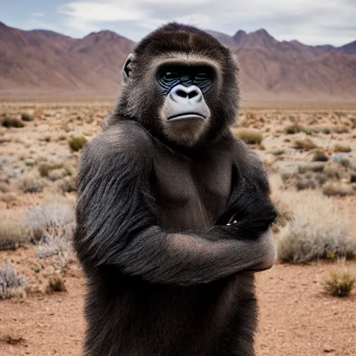 Image similar to A photo of Walter White wearing a gorilla suit, cinematic lighting, New Mexico desert, XF IQ4, f/1.4, ISO 200, 1/160s, 8K, RAW, unedited, symmetrical balance, in-frame, Facial Retouch