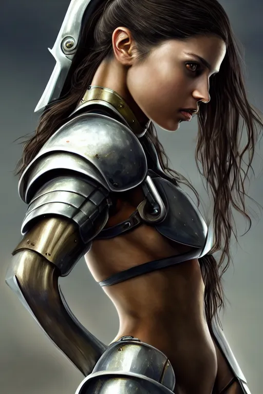 Image similar to a photorealistic painted portrait of an attractive young girl, partially clothed in dull metal-plated battle armor, olive skin, long dark hair, flawless skin, beautiful bone structure, symmetric facial features, perfect photorealistic eyes, natural physique, intricate, elegant, digital painting, concept art, finely detailed, beautifully illustrated, sharp focus, minimal artifacts, from Metal Gear, by Ruan Jia and Mandy Jurgens and Artgerm, in the style of Greg Rutkowski, trending on Artstation, award winning art