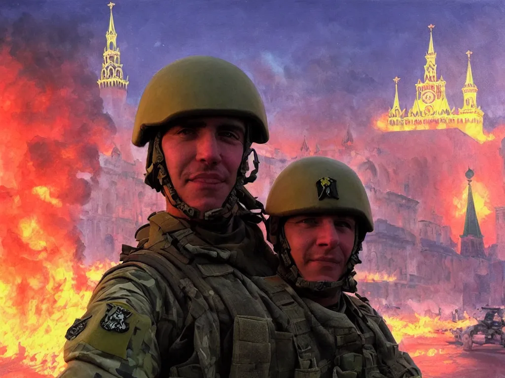Prompt: special forces soldier with ukrainian yellow shoulder patch takes selfie at red square kremlin burning in the background, d & d, fantasy, bright atmosphere, volumetric lights, intricate, elegant, extremely detailed, digital painting, artstation, concept art, matte, smooth, sharp focus, hyper realistic, illustration, art by artgerm and greg rutkowski and alphonse mucha