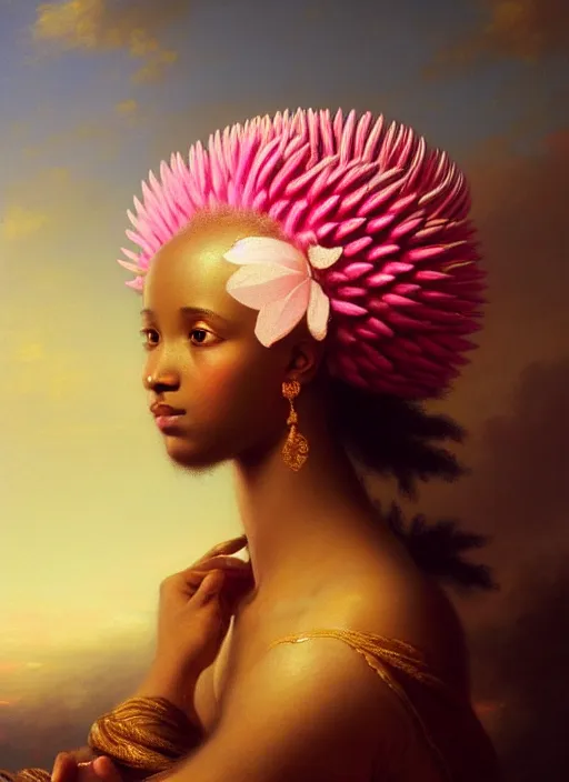 Image similar to stunning african princess, detailed pink and white protea head peace against a black backdrop by ivan aivazovsky, wlop, oil painting, beautiful soft lighting, vintage, rococo, muted colours, artstation
