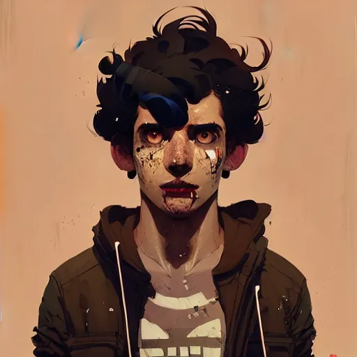 Image similar to highly detailed portrait of a sewer punk guy worker, thirties, black hair, brown eyes, tartan hoody, short curly hair by atey ghailan, by greg rutkowski, by greg tocchini, by james gilleard, by joe fenton, by kaethe butcher, gradient blue, brown, light blue and white color scheme,