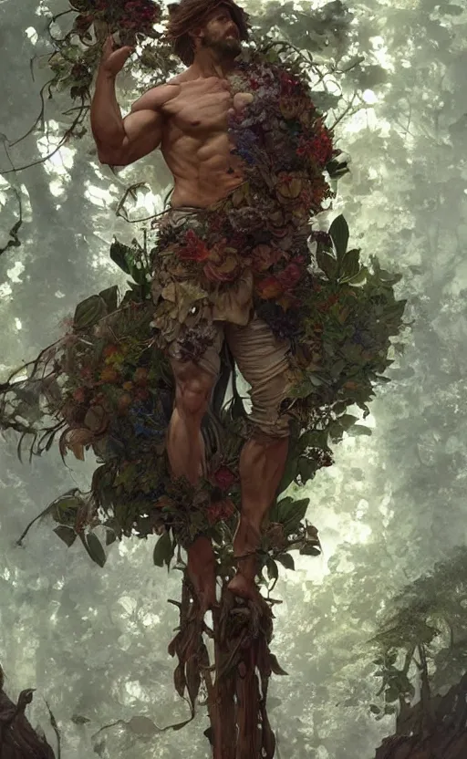 Image similar to god of the forest, 3 0 years old, rugged, male, gorgeous, detailed face, amazing, thighs!!!!!!, flowers, muscular, intricate, highly detailed, digital painting, artstation, concept art, sharp focus, illustration, art by greg rutkowski and alphonse mucha