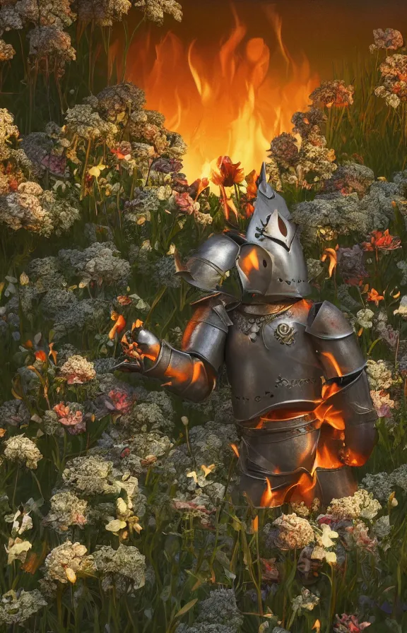 Image similar to full body image of a knight in bed of flowers in dark forest, surrounded by fire and smoke, moody, rim light, dynamic lighting, cinematic shot, gritty, ultra - detail, renderman, physically based render