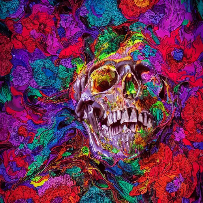 Prompt: illustration of a colorfull melting human skull. flowers and blossoms, ferrofluids, burning water distortions. intricate abstract. intricate artwork. by Tooth Wu, wlop, beeple, dan mumford. octane render, trending on artstation, greg rutkowski very coherent symmetrical artwork. cinematic, hyper realism, high detail, octane render, 8k, depth of field, bokeh. iridescent accents