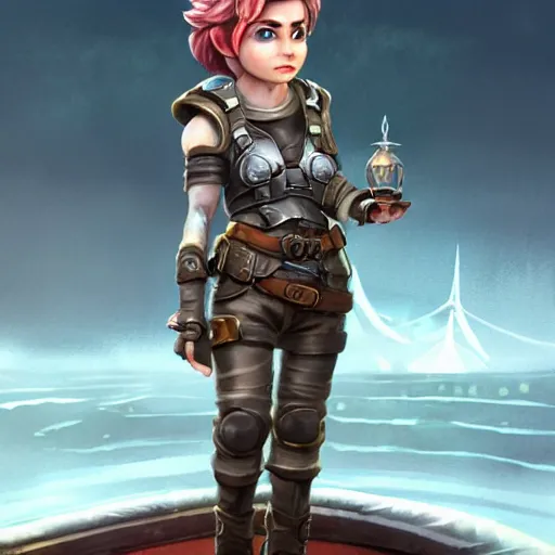 Image similar to full body portrait of a scrappy female gnome engineer with pixie undercut hair and one prosthetic metal gauntlet arm, standing on a ship deck, naval background, fantasy, D&D, full body portrait, highly detailed, digital painting, HD, trending on ArtStation, dark fantasy, great composition, concept art, matte, sharp focus, illustration, art by artgerm and greg rutkowski