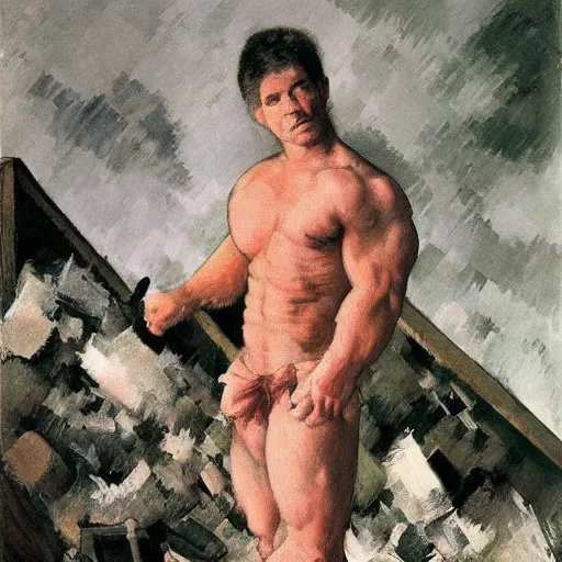 Prompt: absolutely yoked shredded physique fuzzy furry ears Portrait of Lou Ferrigno camouflaged as Tabby Cat whilst wearing a pink tuxedo Standing atop a Garbage Truck Greg Rutkowski Eric Ravilious Paul Cezanne Andrew Wyeth Jamie Wyeth