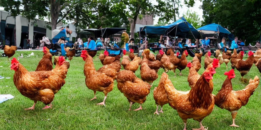 Image similar to summer music festival with only chicken as audience. no humans