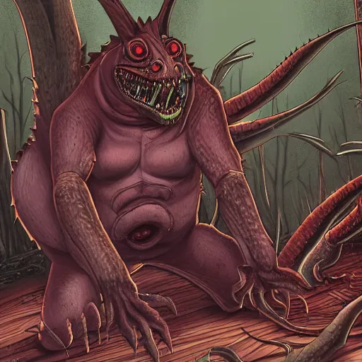 Image similar to big butcher anthropomorphic male lizardfolk posing scarily, scary angry pose, bloody, covered in blood, fresh kill, cleaver, in a forest, earie setting, lovecraft, eldritch, horror, hyperdetailed, furaffinity, furry art