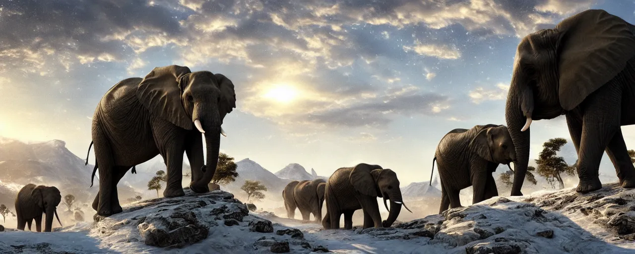 Prompt: African elephants marching in snow mountain landscape, beautiful dynamic lighting, cinematic, wide angle establishing shot, extremely high detail, photo realistic, cinematic lighting, post processed, concept art, artstation, matte painting, style by frederic church, raphael lacoste, unreal engine 8k