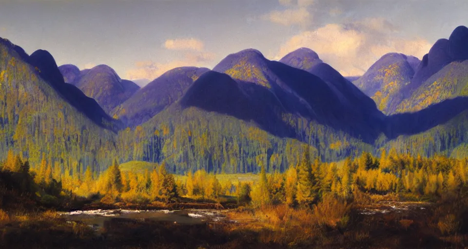 Prompt: Realist impasto painting of the Salmon River mountains by John Harris, 4k scan, oil on canvas,