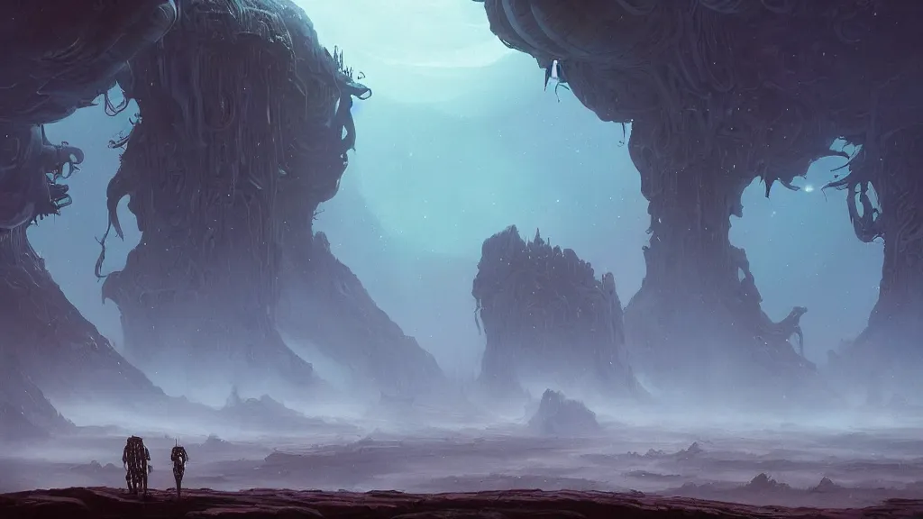 Image similar to eerie atmospheric alien planet with biomechanical plants by les edwards and vincent di fate and anato finnstark, epic cinematic matte painting