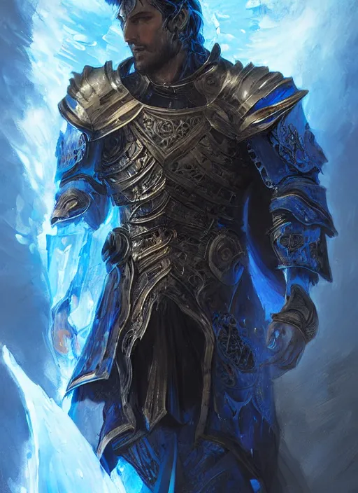 Image similar to kaladin stormblessed in shardplate. a knight in amazing fantasy armor that glows, bursting with blue light, sleek, lightweight but imposing, light glowing from the seams. intricate and ornate. concept art from artstation. beautiful highly detailed fantasy painting by greg rutkowski