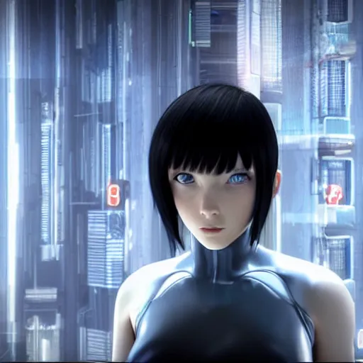 Image similar to « portrait, attractive, blue eyes, black hair, middle length hair, ghost in the shell, front view, unreal engine 5 »