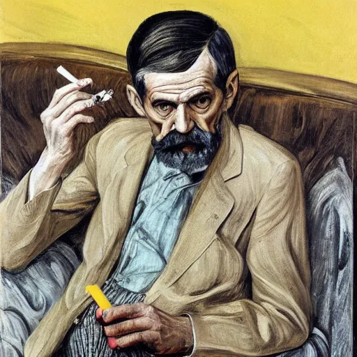 Image similar to portrait of sigmund freud smoking a cig and holding a banana, freudian, symbolic, by lucian freud and neo rauch