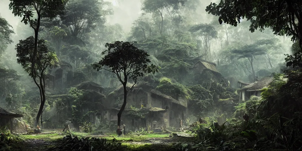 Image similar to high contrast render of a village hidden in the jungle by greg rutkowski, octane render, 8 k, artstation