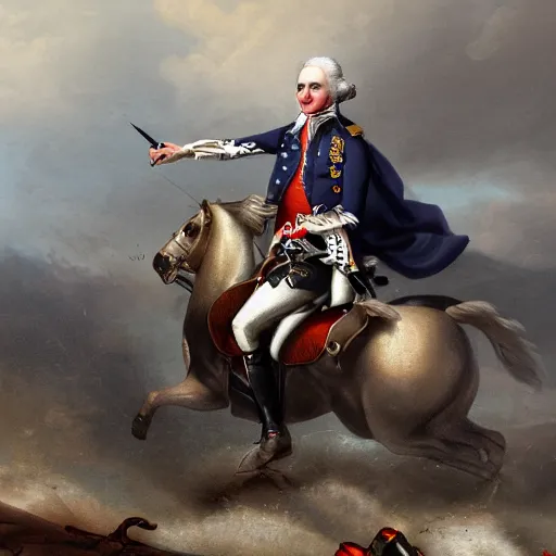 Prompt: George Washington riding a motorcycle into battle against the redcoats in the revolutionary war, epic, concept Art, detailed, 4K